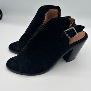 Frye Suede Open Toe Booties Womens Sz 8 Black Suede Slingback Block Heel Sandals